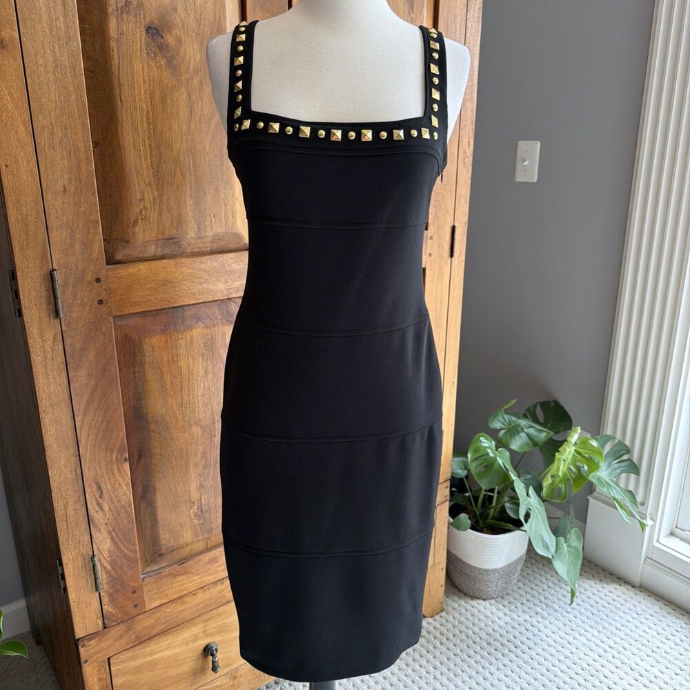 Vintage Y2K Cache Black Bandage Bodycon Gold Studded Dress Size 6